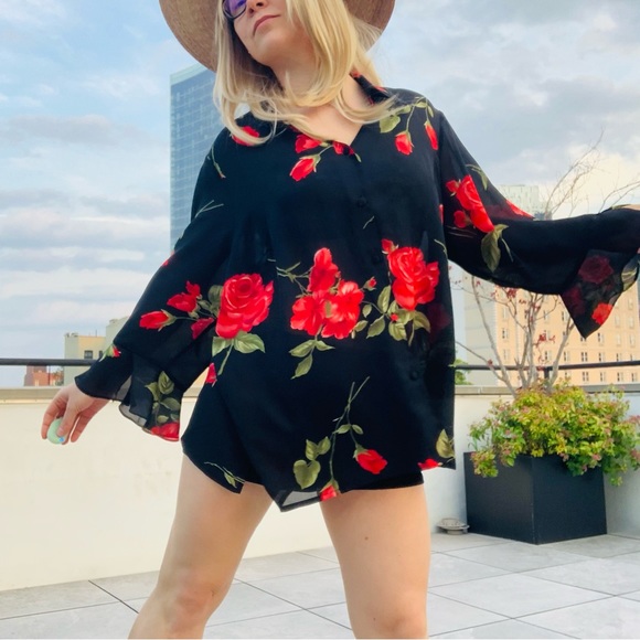 🛳 K.C.STUDIO Vintage Ruffle Long Sleeves Sheer Top Big Roses Sheer Top 22W - Picture 3 of 16